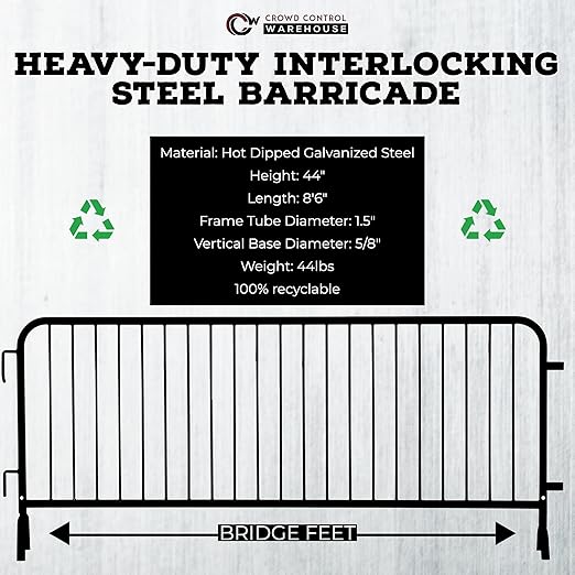 Angry Bull Barricades Metal Interlocking Steel Barricade (8.5 Ft. Heavy Duty, Bridge Feet, Black Powder Coated, Set of 10)