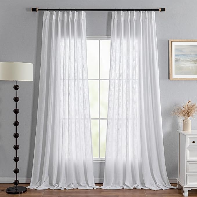 MYSKY HOME Patio White Curtains for Sliding Door 90 inch Length 2 Panels Living Room Curtains & Drapes Soft Cotton Farmhouse Window Treatments Pinch Pleated Linen Look Semi Sheer Draperies, 40W x 90L