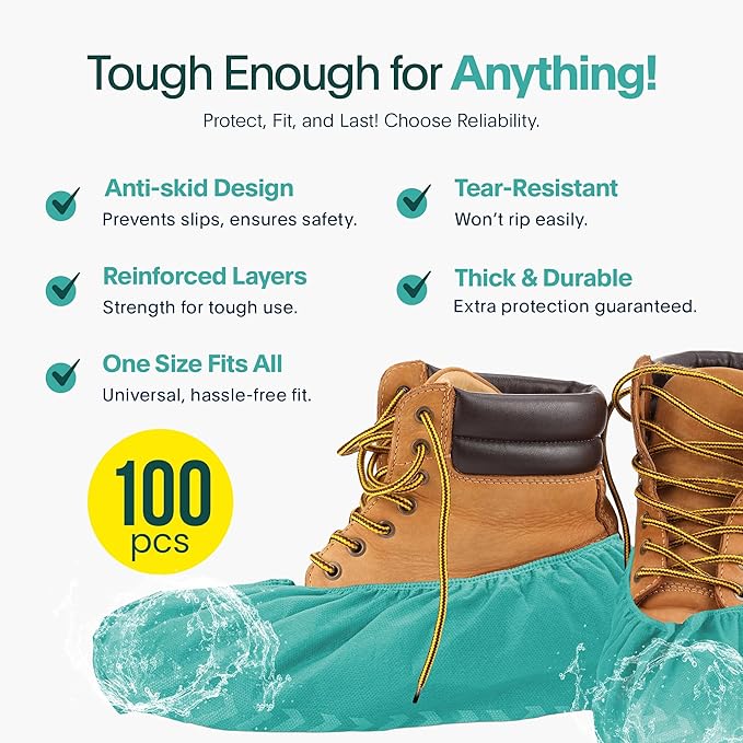 Premium Boot & Shoe Covers Disposable Booties - 100 Pack - Durable, Non-Slip, Non-Toxic, Water Resistant, Recyclable Protectors for Indoor & Outdoor - Large Size Fits Most Shoes