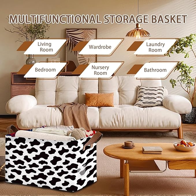 Cow Pattern Storage Basket Large 17x11.5x10.5 Inche-Collapsible Fabric Organizer Bin with Handles for Nursery, Farmhouse Decor, Toys-Foldable Decorative Hamper with Animal Print Design-Single Pack
