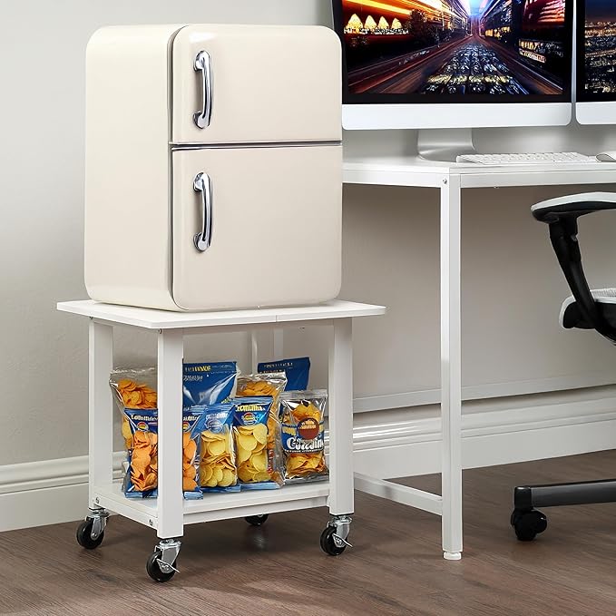 SunnyPoint 2-Tier Under Desk Printer Stand with Storage Shelf and Steel Frame, Industrial Mobile Printer Cart Holder with Lockable Improved Industrial Wheels for Home and Office (WHT)