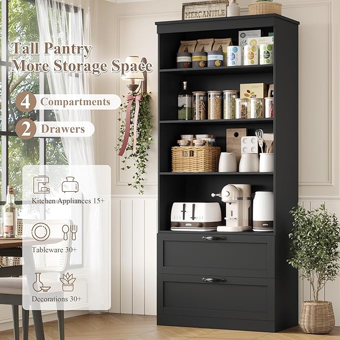 HOSTACK 70" Tall Kitchen Pantry Storage, Barn Doors Pantry Cabinet with Drawers and Adjustable Shelf, Modern Farmhouse Storage Cabinet for Kitchen, Dining Room, Living Room, Bathroom, Black