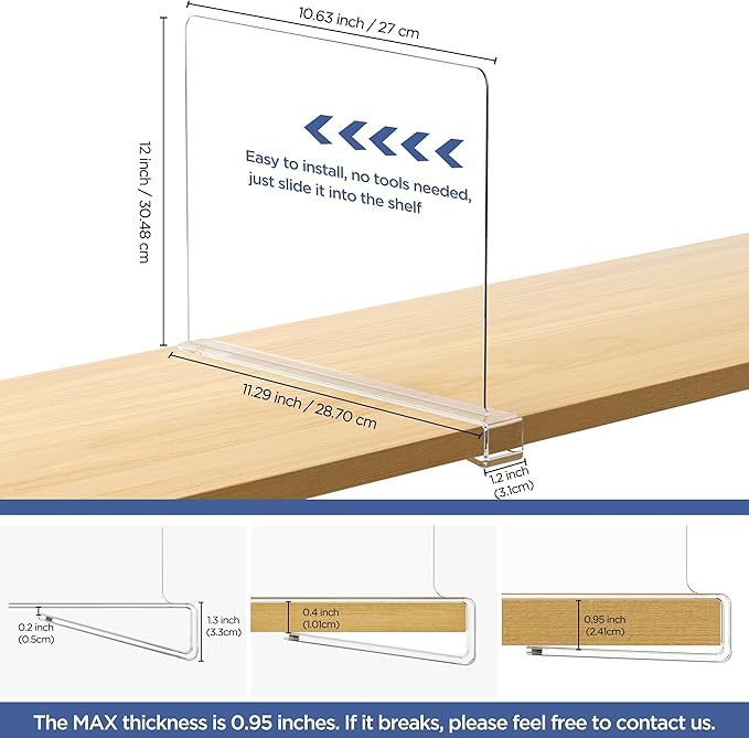 6 Pack 12 Inches [Extra Tall Version] Clear Shelf Dividers for Organization, Acrylic Closet Shelf Vertical Shelves Organizer for Bedroom, Office and Kitchen