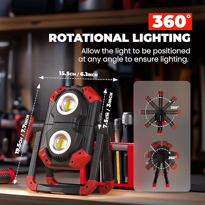 Yzoni LED Work Light Rechargeable, 2 COB 2500LM Folding Portable Flood Light with Magnetic Base and 360° Rotation Stand, Spotlights for Camping, Car Repairing, Emergency and Job Site Lighting