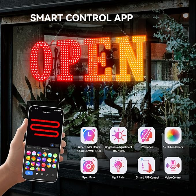 48"x16" Large LED Open Signs for Business with Smart APP & Remote Control, Adjust Brightness/Color/Timer Function, Ultra Bright Open Sign for Window Storefront Bar Restaurant (Multicolor)