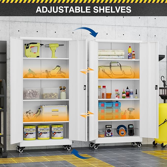 Metal Rolling Storage Cabinet-74.6” Tall Steel File Cabinets with Wheels Lockable Doors and Adjustable Shelves-White Steel Storage Cabinet for Home, School, Office, Garage