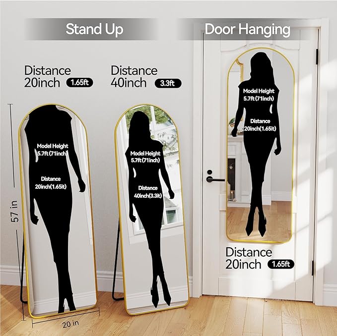 57x20 Door Hanging Full Length Mirror, Floor (Height 5.7ft just Body in1.3ft) Wall Mounted Metal Frame Arch Dressing Mirrors for Bedroom Bathroom Living Room 57 inch Gold
