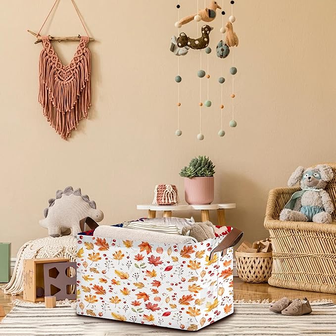 Colored Maple Berries Storage Basket Large 17x11.5x10.5 Inches - Collapsible Fabric Organizer Bin with Handles for Nursery,Laundry,Closet - Foldable Decorative Hamper with Floral Pattern - Single Pack