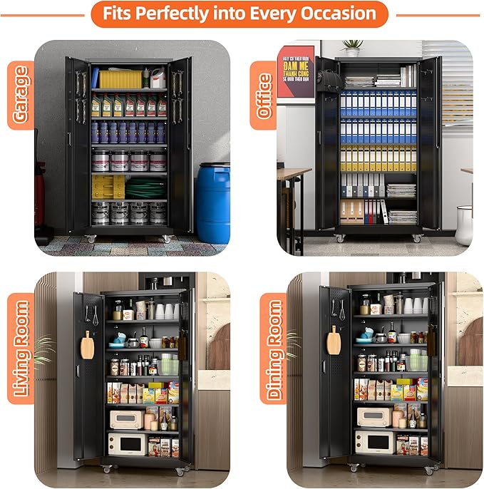 Garage Storage Cabinet with Wheels & Pegboard, Lockable Metal Storage Cabinet with Doors and 5 Adjustable Shelves for Garage Workshop Home, Assembly Required, Black, 71" H×34" W×18" D