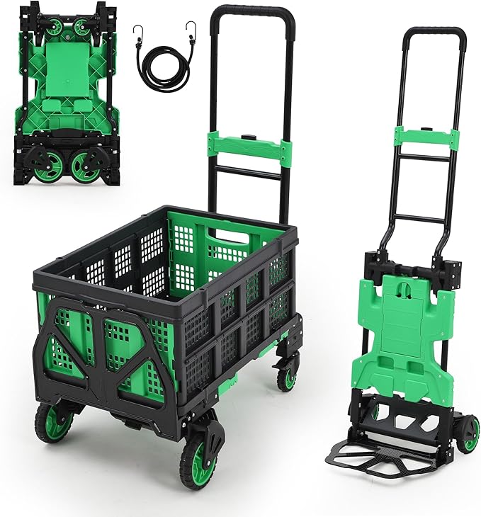 2-in-1 Folding Hand Truck with Folding Basket, Collapsible Hand Truck Dolly with Retractable Handle & 4 Wheels, 330 LB Capacity Portable Dolly Cart for Moving, Shopping, Green