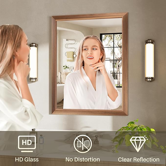 24x32 Inch Bathroom Mirror for Wall, Anti-Rust Walnut Wood Grain Metal Framed Bathroom Mirrors for Over Sink,Rectangler Mirrors for Bathroom Vanity, Farmhouse, Bedroom, Living Room, Entryway Decor