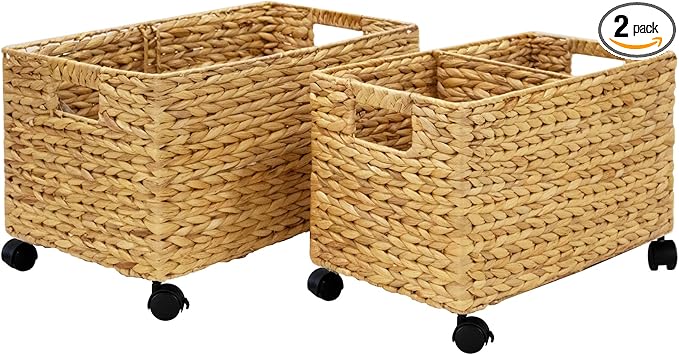PEMAR Rolling Wicker Storage Basket Set of 2 – Natural Water Hyacinth & Seagrass Bins on Wheels with Removable Divider & Insert Handles – Nesting Design for Under Desk, Home & Office Organization