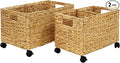 PEMAR Rolling Wicker Storage Basket Set of 2 – Natural Water Hyacinth & Seagrass Bins on Wheels with Removable Divider & Insert Handles – Nesting Design for Under Desk, Home & Office Organization