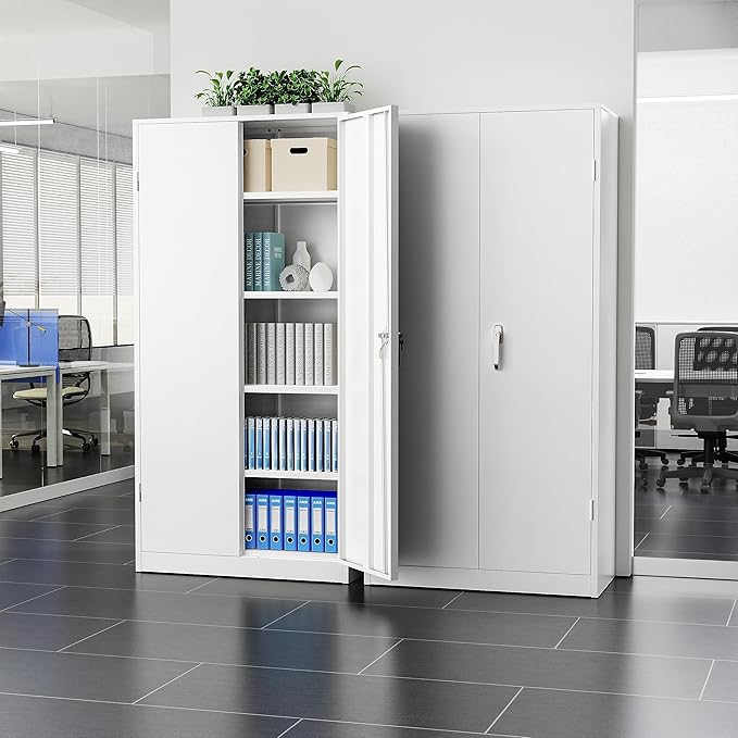 Greenvelly Metal Garage Storage Cabinet with 2 Doors and 4 Adjustable Shelves, 72”H White Steel Lockable Storage Cabinet,Tall Metal Cabinet Locking File Cabinet for Office,Home, Garage, Gym, School