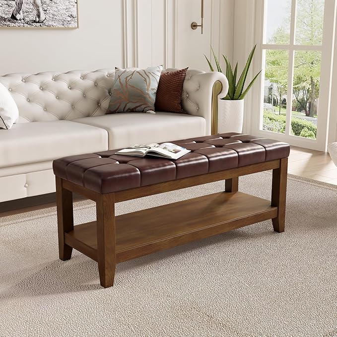 Solid Rubber Wood Shoe Bench, Easy-Clean PU Upholstered Seat, 770LB Load, Space-Saving Storage for Entryway/Living Room, Easy Assembly, Vintage Style, 43.3"x15.7"x17.7", Brown, UASND65R