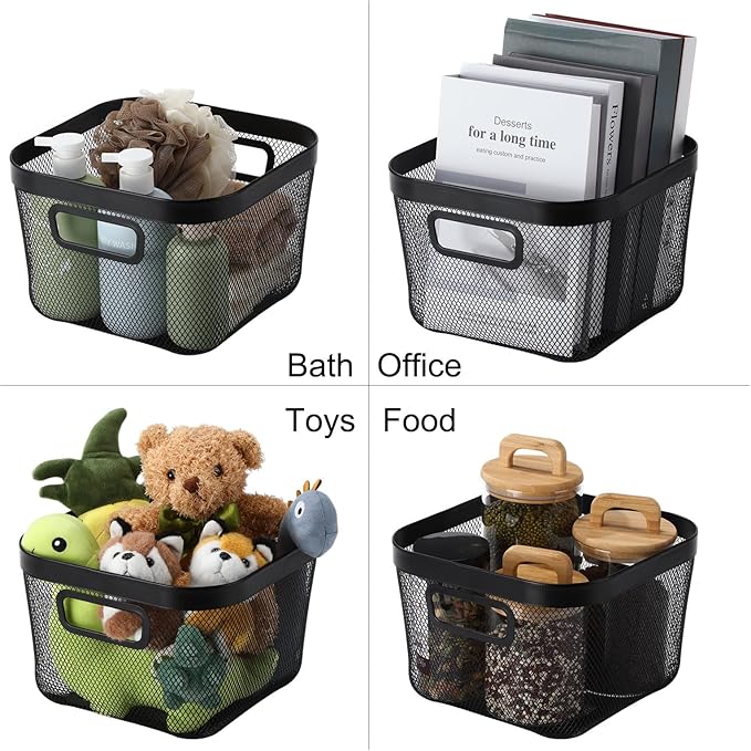 4 Pack Metal Mesh Steel Basket with Hollow Handles Square Wire Mesh Open Bin Fruit Storage Basket for Kitchen Bathroom Picnic Shopping Cabinet Home Items (Large,Black)