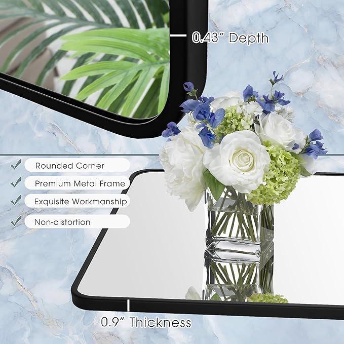 24x36 Inch Rectangle Bathroom Mirror with Black Metal Frame, Rounded Corner Rectangular Vanity Mirror for Wall, Modern Large for Bedroom, Living Room, Horizontal or Vertical