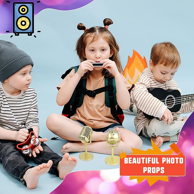 10 Pack Retro Microphone Props Fake Microphone Model with Stand Classic Vintage Plastic Antique Mic Table Decor for Halloween Party Decoration Rock Hip Hop Music Prop Pretend Play (Golden)