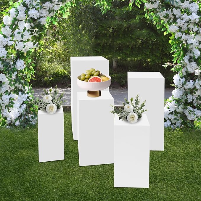 5Pcs White Square Display Pedestal Stands Iron Metal Display Rack, Dessert Table Cube Display Pillars Stand Set with Stable Base for Wedding Party Buffet Bakery Artwork