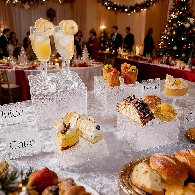 4PCS Buffet Risers Display Stands with 4PCS Mini Signs,Acrylic Cube Display Risers with Hollow Bottom, 1 Set (6, 6.5, 7, 8)" (Transparent, 1 Set ( 6'',6.5'',7'',8'' ))