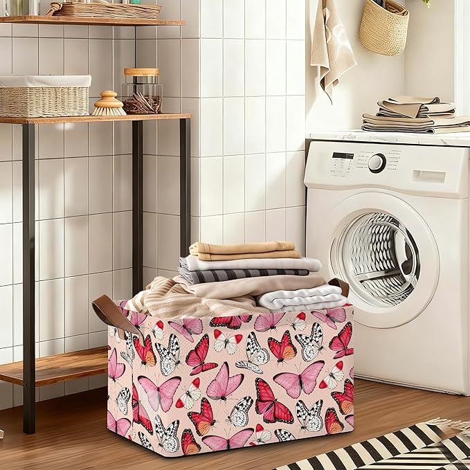 Pink Butterfly Storage Bins with Handles, Collapsible Storage for Clothes, Gift Basket, Blankets & Closet Organization
