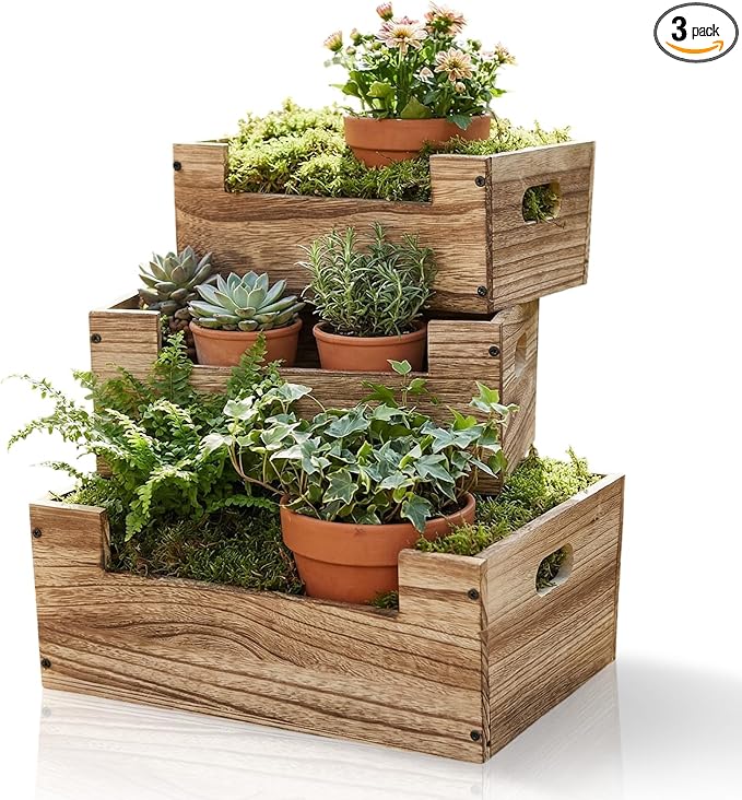 3 Pcs Decorative Wood Crates for Display, 3 Size Large Rustic Nesting Crates with Handles Farmhouse Wooden Box Basket Container