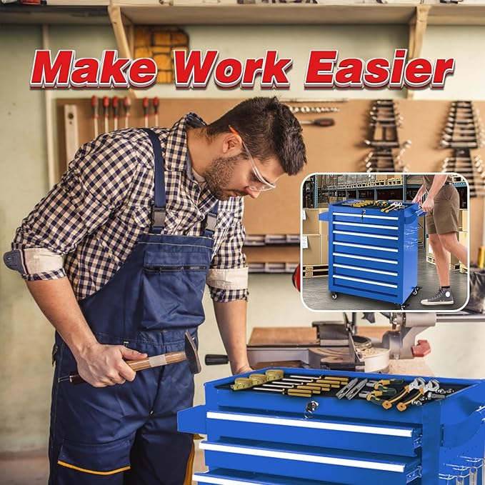 7-Drawer Tool Chest with Wheels & Drawers, Toolbox Organizer Storage for Garage, Suitable for Moving/Gift/Daily Use(Blue)