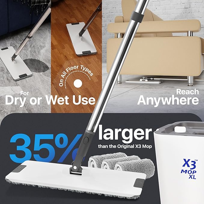 X3 Mop, Separates Dirty and Clean Water, 3-Chamber Design, Flat Mop and Bucket Set, Hands Free Home Floor Cleaning, 3 Reusable Microfiber Mop Pads Included (XL X3 Mop)