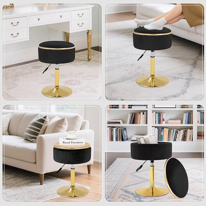 Adjustable Vanity Stool with Storage, 360° Swivel Makeup Stool Chair Small Velvet Round Ottoman with Gold Base for Bedroom (Black)