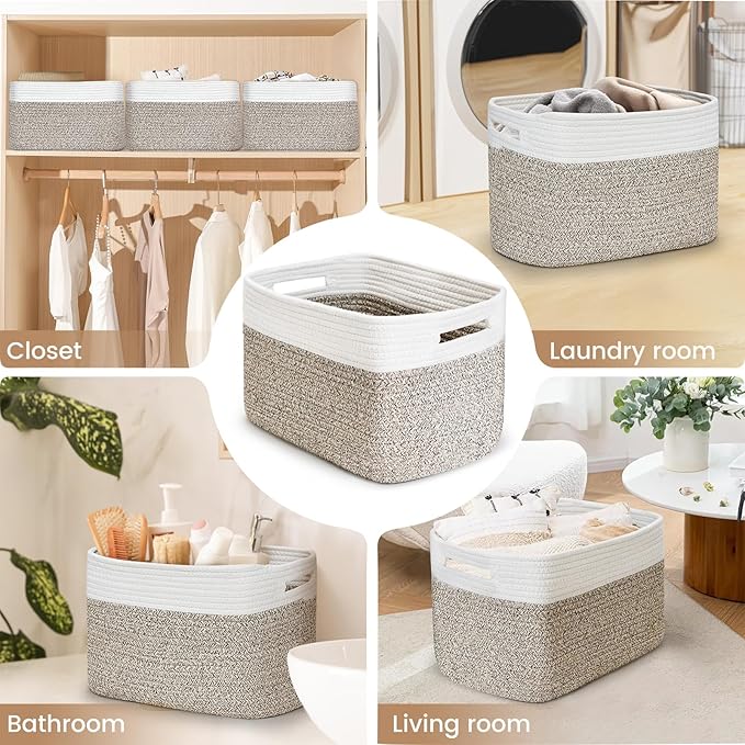 3 Pack Shelf Woven Storage Basket, 15 x 10 x 9” Closet Rope Baskets For Organizing, Square Bins with Handles, White+Rice Brown