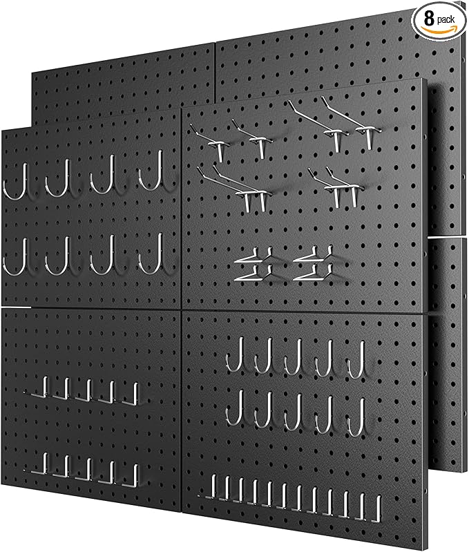 Peg Board 8 Pack Metal Pegboard Panels with 50 Hooks, Heavy Duty Pegboard Wall Organizer, Black Pegboards for Workbench, Garage Tool Storage, Office Organization, Kitchen, Craft Room