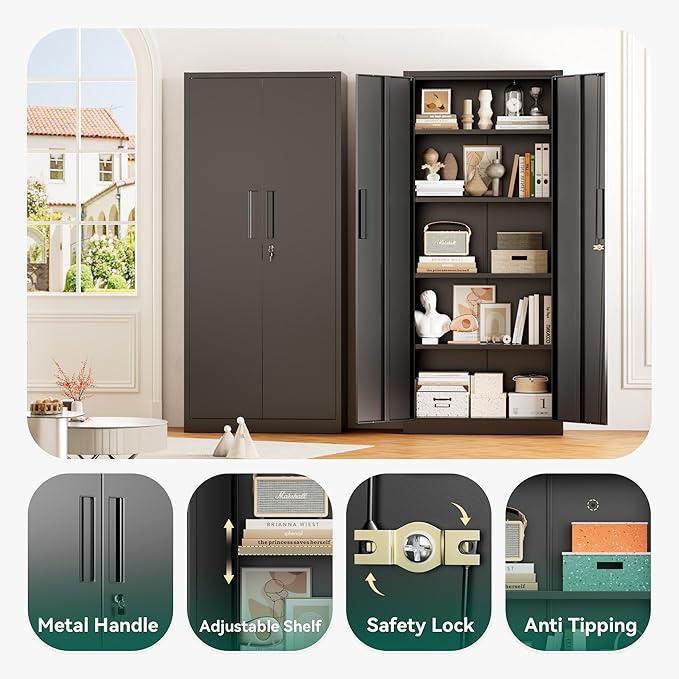 Greenvelly 63" H Metal Storage Cabinet Black, Locking Metal Cabinet, Store Tools, Clothes, Tableware and Toiletries, Garage Cabinets with Adjustable Shelves for Office, Home, Garage, Pantry