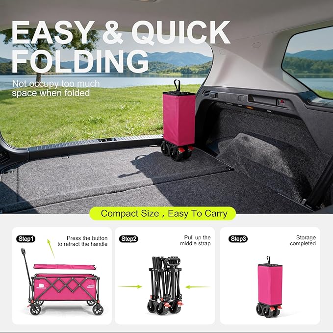 Collapsible Wagon with Wheels,Wagons Carts Foldable Wagon Cart with Flexible Handle, Lightweight Portable Folding Utility Grocery Shopping Cart for Grocery Sports Garden Camping(Pink)