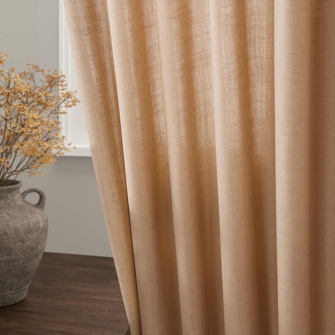 Nanspring Camel Linen Semi Sheer Curtains 2 Panels Set for Living Room Back Tab Rod Pocket Window Drapes Light Filtering Elegant Farmhouse Curtain 100 Inches Long for Dining Room Bedroom 52x100