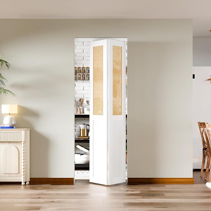 BARNER HOME Bi-fold Doors - Cane Closet Door for 36" x 80" Opening, Webbing & Wood Interior Door Slab, Including Hardware, MDF, White Folding Door for Wardrobe