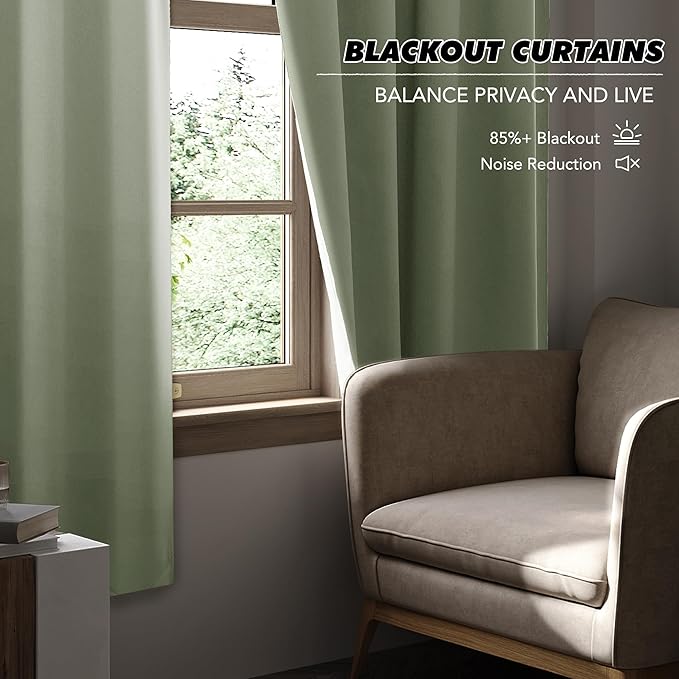 KGORGE Room Darkening Curtains 36 inch for Bedroom, Privacy Solid Thermal Insulation Noise Reducing Small Window Curtains for Bathroom Basement Office, W34 x L36, Sage Green, 2 Panels