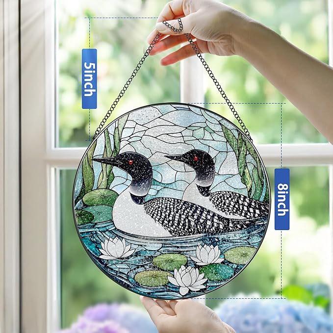 8-Inch Loon Birds Stained Glass Suncatcher Ornament, Stained Glass Window Hanging, Window Hanging Decor – Christmas, Birthday | Gifts for Bird Lover, Friend, Couples, Family | Holiday Decorations