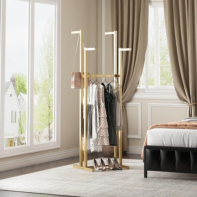 Gold Clothing Racks, Metal Clothes Rack with 4 Straight Arms, Freestanding Garment Rack for Hanging Clothes Heavy Duty, 46" to 63" Adjustable Height Retail Clothing Rack for Boutiques Display