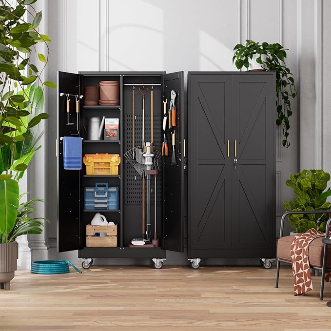 Aobabo Farmhouse Broom Closet Storage Cabinet,Lockable Garage Storage Cabinet with 4 Adjuatable Shelves,Required Assembly,Black,71.06''H*31.5''W*15.75''D