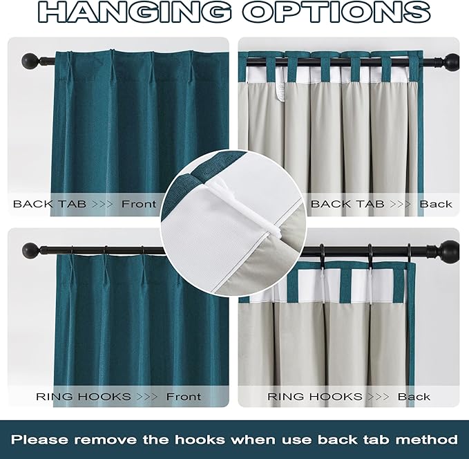 DUALIFE Dark Teal Blue Pinch Pleated Blackout Curtains 108 Inches Long, Back Tab with Hooks, Linen Full Black Out Thermal Insulated Track Curtain for Bedroom Living Room,40 Wx108 L, 2 Panels