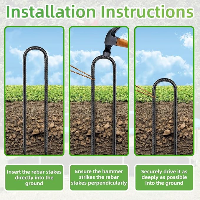 Rebar U Stakes 12 Inch - 12 Pack Black Galvanized Steel Heavy Duty Ground Anchors for Trampoline,Tent,Tarp,Soccer Goal,Garden Stake & Yard Art