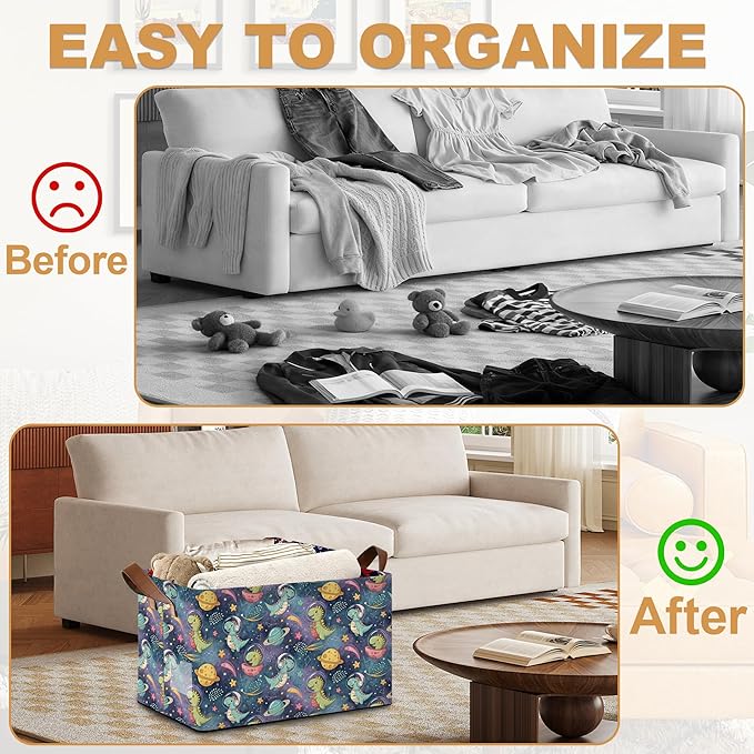 Decorative 32L Space Dinosaur Storage Bins with Handles, Organization and Storage, Cube Storage Organizer for Hamper, Nursery