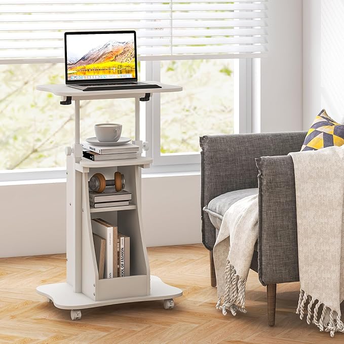 Tangkula Mobile Lectern Podium, Height Adjustable Podium Stand, Standing Sit-to-Stand Desk, Rolling Cart Laptop Desk with Swivel Top Movable Wheels & Storage