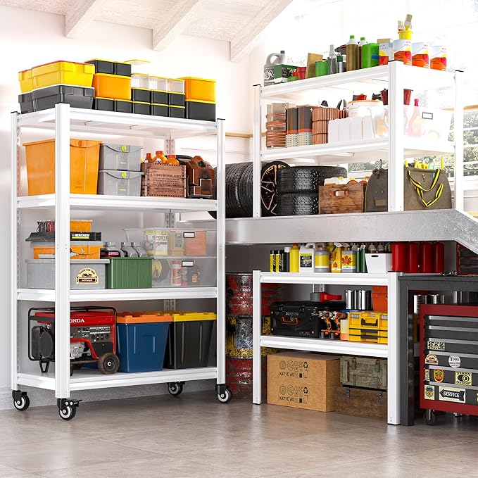 REIBII 4 Tier Storage Shelves with Wheels, 530LBS Pantry Shelves, Adjustable Metal Shelving Unit for Pantry, Kitchen, Living Room, Laundry, Home Office, 59.8" H x 31.5" W x 16.5" D, White