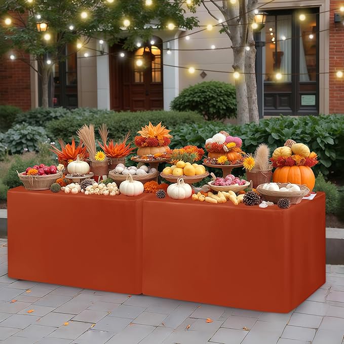 HolidayIdeas 4 Pack Fitted Tablecloth for 8ft Tables, Rust Table Cover for Christmas Vendor Booth Display, Market Stall, Craft Fair, Fall Festival, Wrinkle Resistant with Professional 4-Sided Coverage