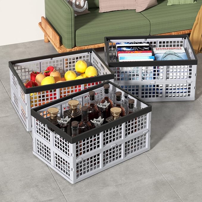 Pack of 3 Collapsible Storage Container Crates, Large Folding Basket Box with Handle, Grey, 42 L