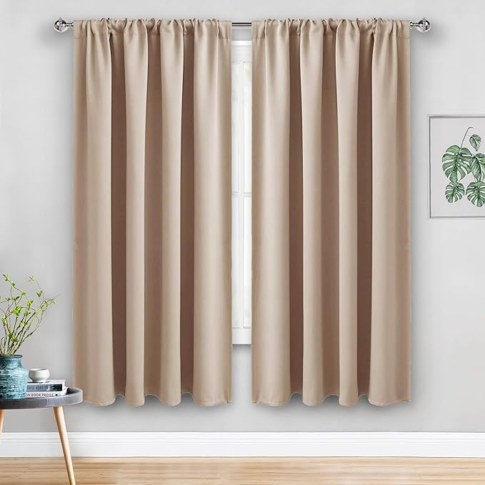 JIUZHEN Blackout Curtains for Bedroom - Thermal Insulated Room Darkening Noise Reducing, 52 x 63 Inch Length Curtains for Living Room, Set of 2 Panels with Tiebacks, Beige