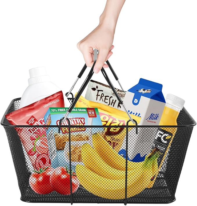 12PCS Iron Shopping Basket with Handles, 5 Gallon Retail Shop Baskets Stackable Grocery Store Basket, Hand Shopping Baskets for Retail Stores Supermarkets, Grocery Store