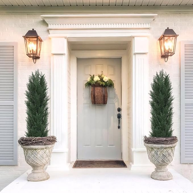 THE BLOOM TIMES 5ft Topiary Trees Artificial Outdoor Set of 2, UV Resistant Faux Cedar Pine Cypress Bushes & Shrubs, Fake Plants for Front Porch Outside Planter Patio Christmas Decor 5 Foot Tall