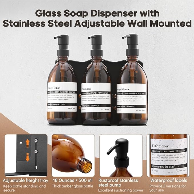 Glass No-Drill Wall Mounted Shower Soap/Hand Soap Dispenser with Adjustable Stainless Steel Holder for Bathroom and Kitchen-(Black 3 Chamber)